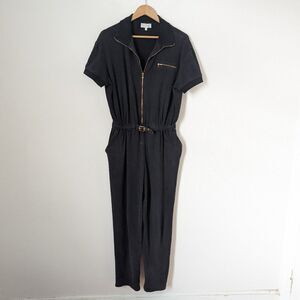 St John Sport Vintage black short sleeve zipper front relaxed fit sweat jumpsuit